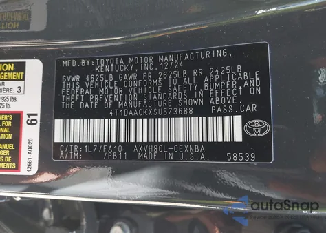 2025 Toyota Camry Le из США, поврежденный, VIN 4T1DAACKXSU573688